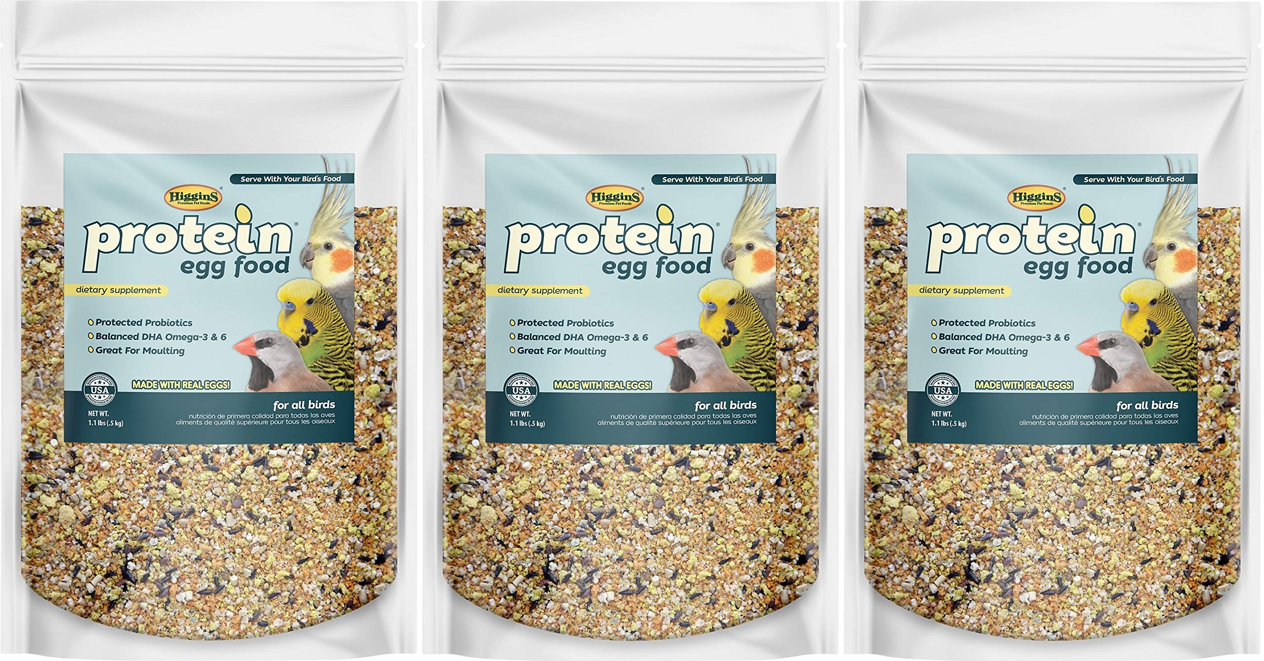 Higgins Alimento Proteico para Aves en envase tres unidades, aporta proteína para el crecimiento.