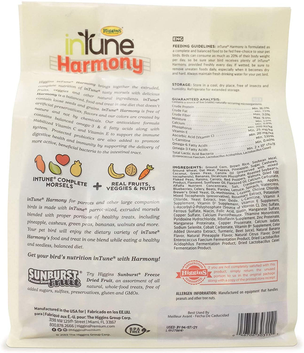 Higgins Intune Harmony, ingredientes tropicales como piña y anacardos para aves grandes