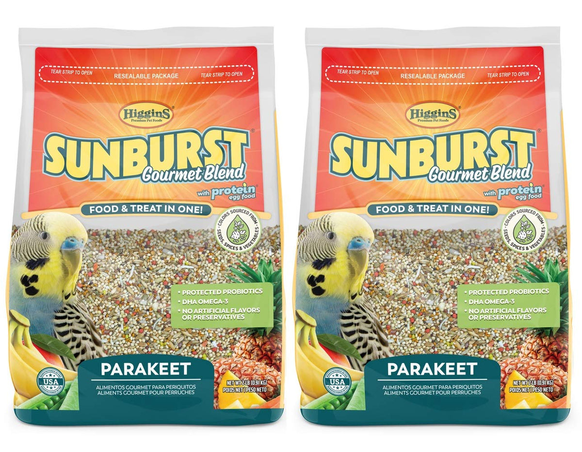 Higgins mezcla Sunburst Gourmet para periquitos, sabrosa y equilibrada para plumaje y vitalidad diaria.