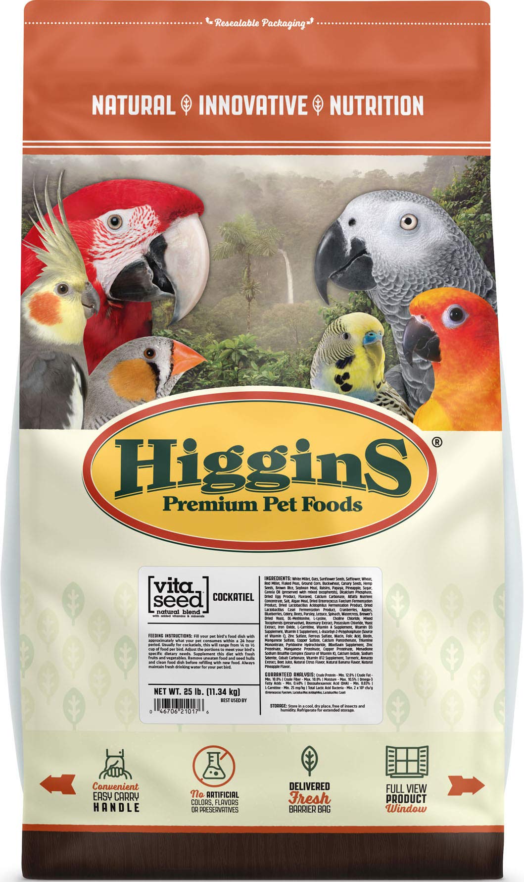 Higgins Vita Seed Cockatiel, bolsa de 25 libras, dieta diaria nutritiva para aves.