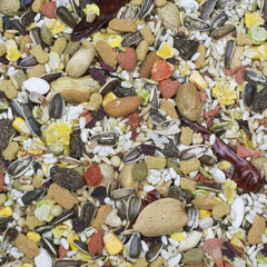 Higgins Sunburst mezcla gourmet para loros, envase visible para promover texturas diversas.