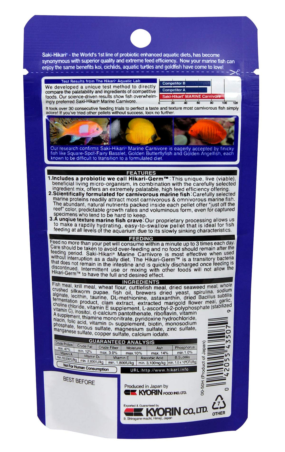 Hikari 042220 textura de pellets marinos para ingesta eficiente.