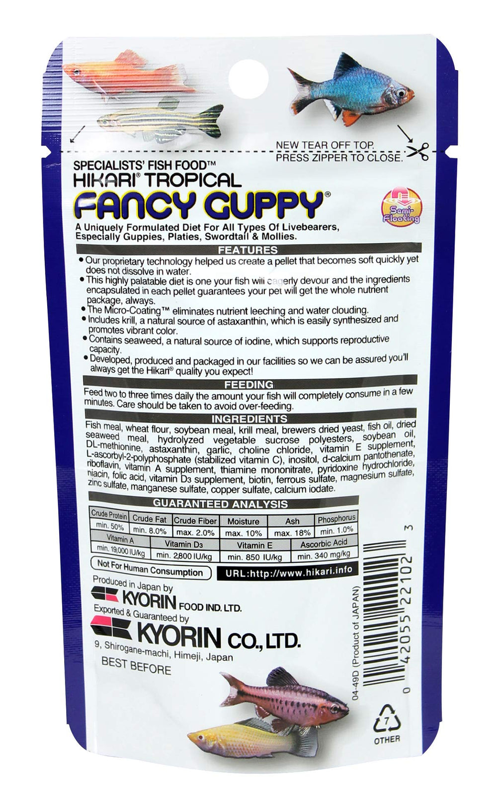 Granulado Hikari para guppy tropical, fomenta crecimiento equilibrado