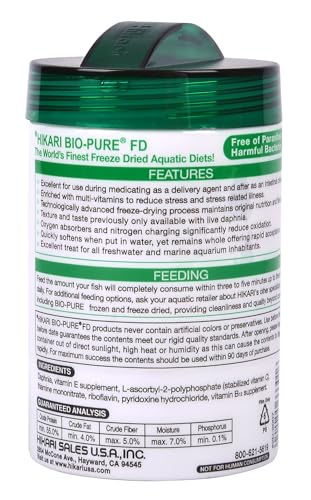 Hikari Bio-Pure Daphnia, botella con etiqueta clara para alimentación diaria.