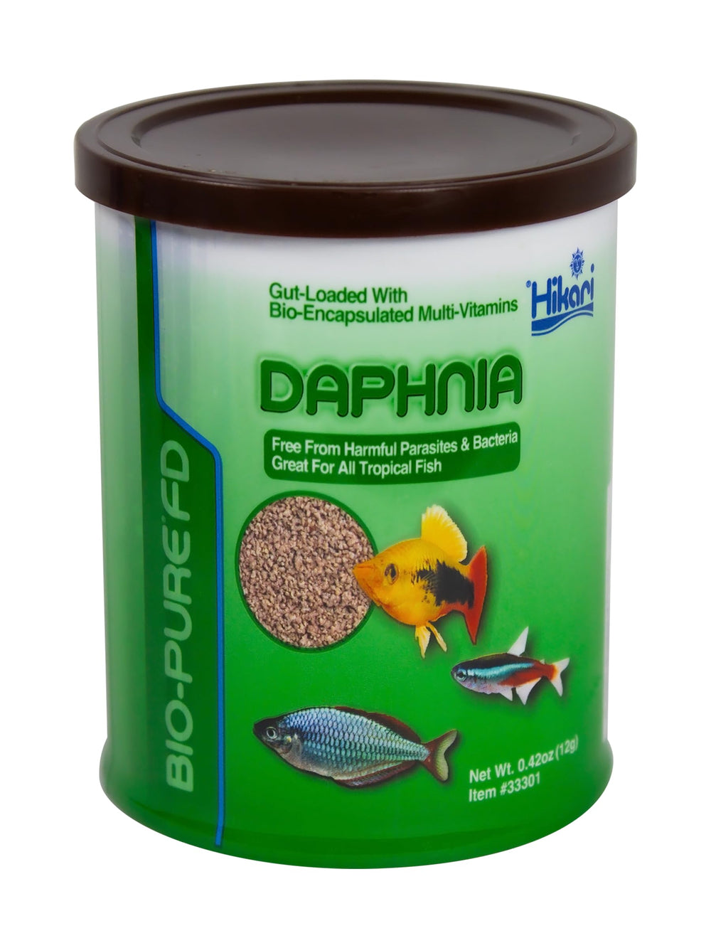Hikari Bio-Pure Daphnia, tapa dispensador visible, facilita porciones consistentes para mascotas.