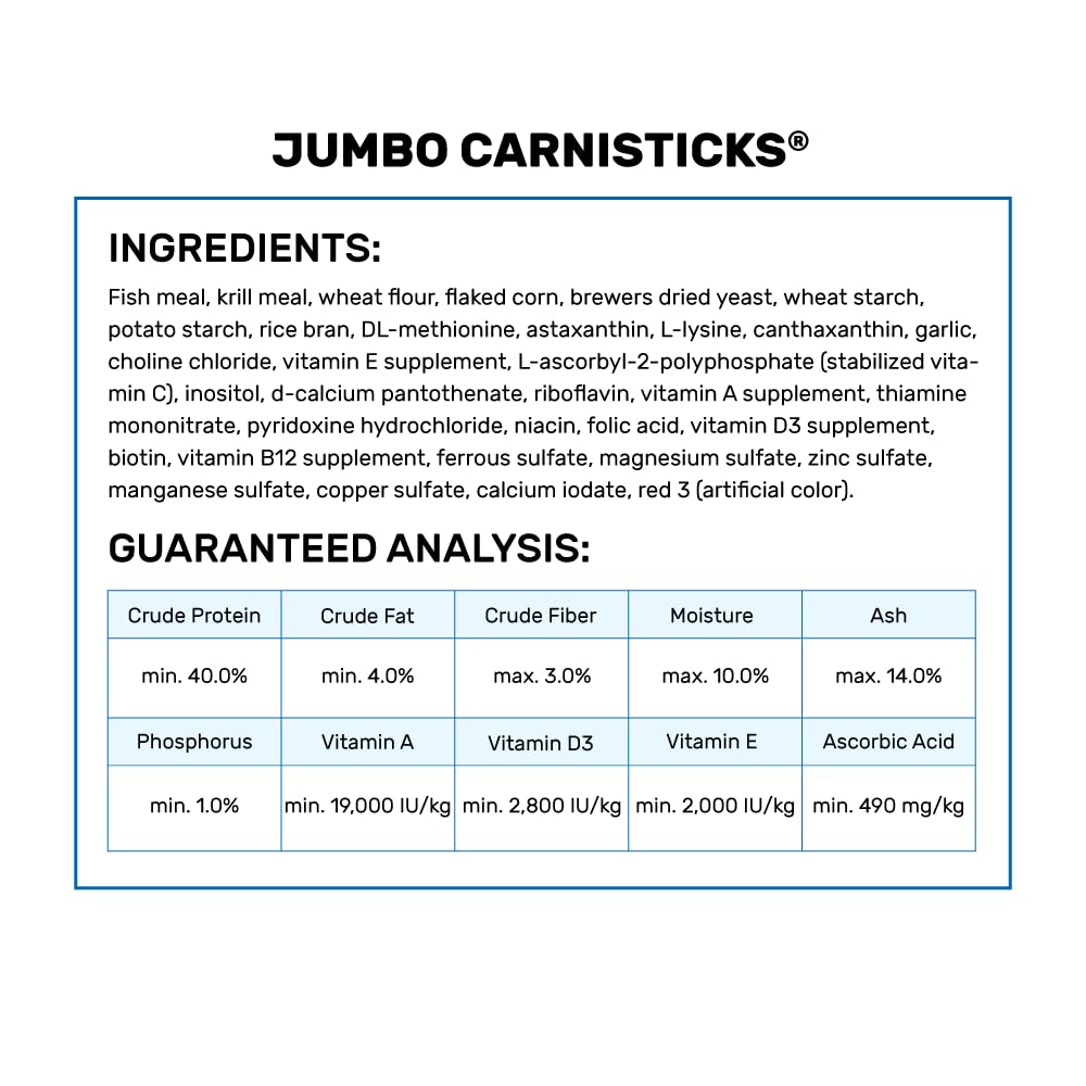 Hikari Carnisticks Jumbo, absorción rápida, textura similar a pez vivo al estar en agua.