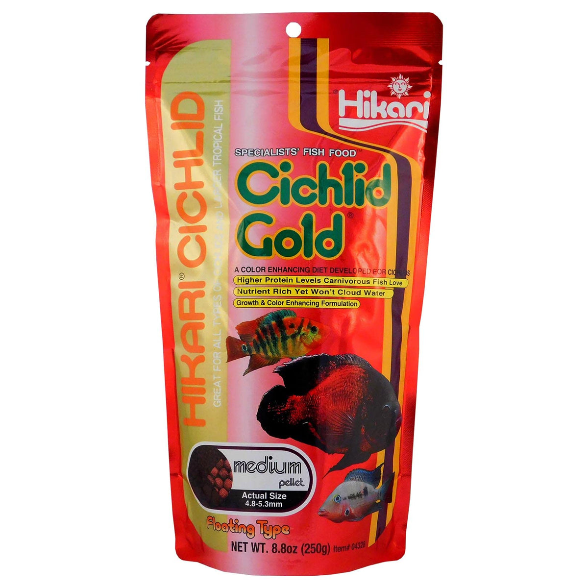 Hikari Cichlid Gold Medium presenta el alimento en gránulos para acuario.