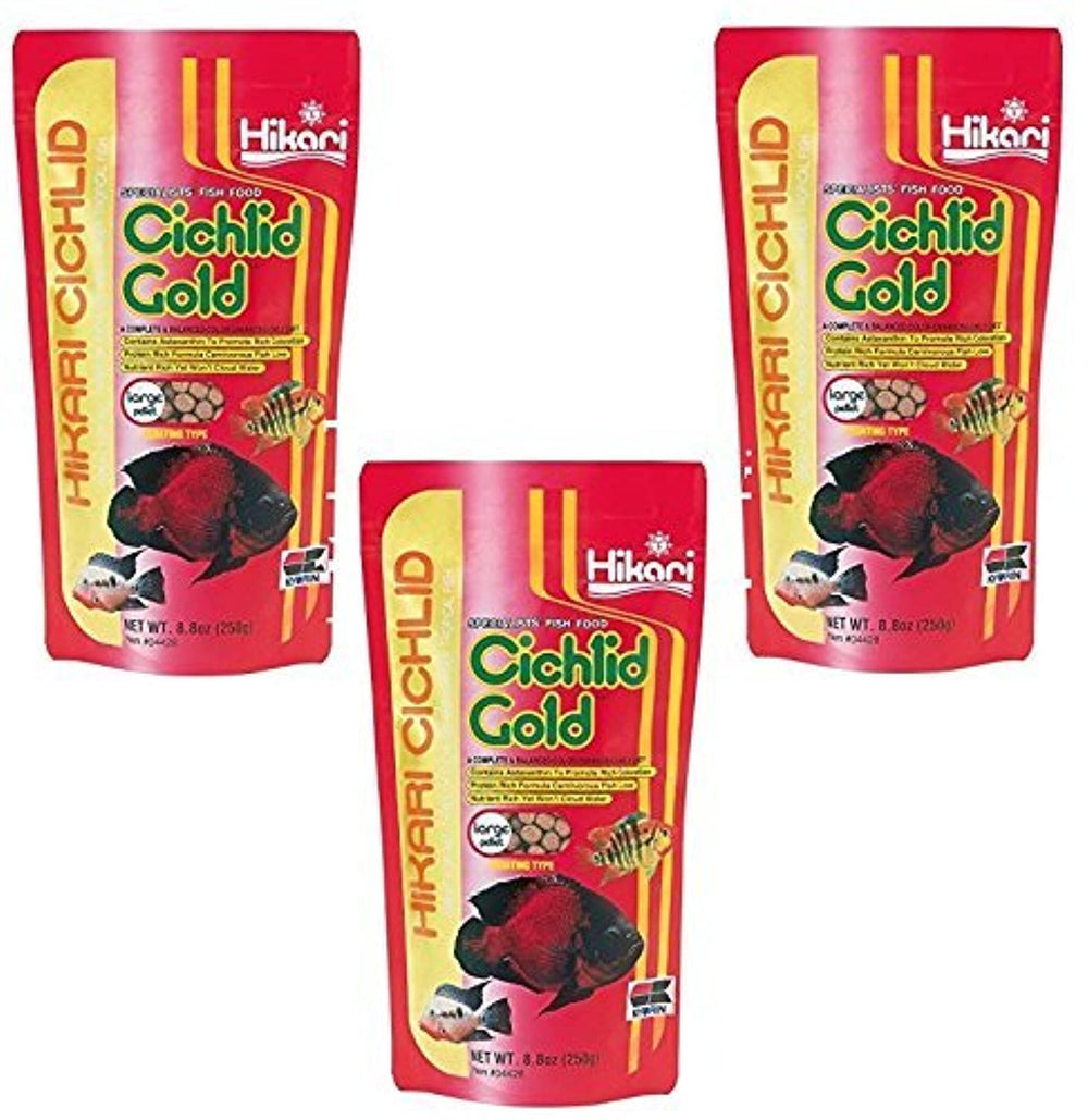 Hikari Cichlid Gold Mini, embalaje de tres paquetes, facilita almacenar y reponer pellets.