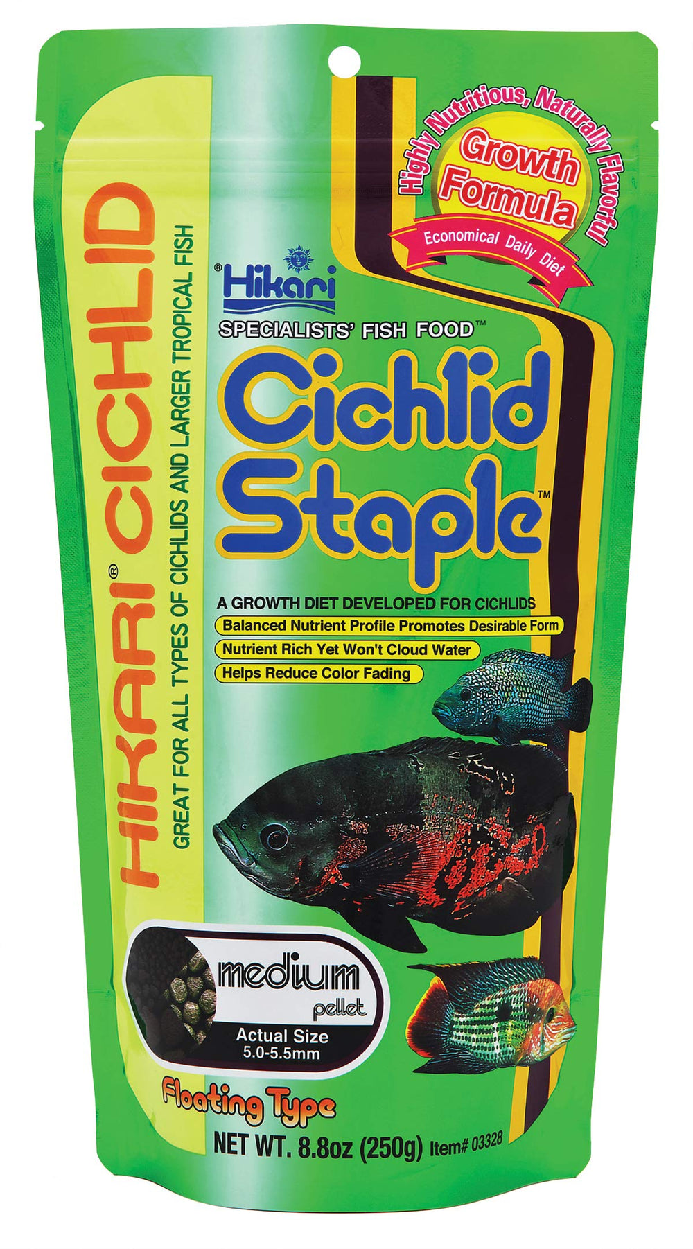 Empaque de Hikari Cichlid Staple Pellets flotantes para alimentación diaria.