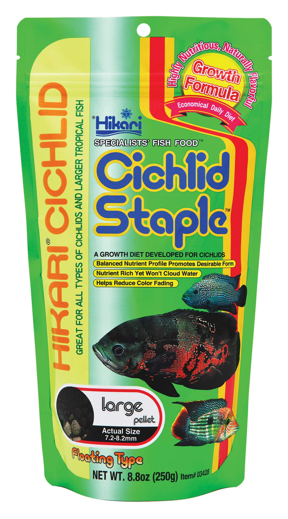 Pellets flotantes de Hikari Cichlid Staple permiten monitorear consumo diario de forma precisa.