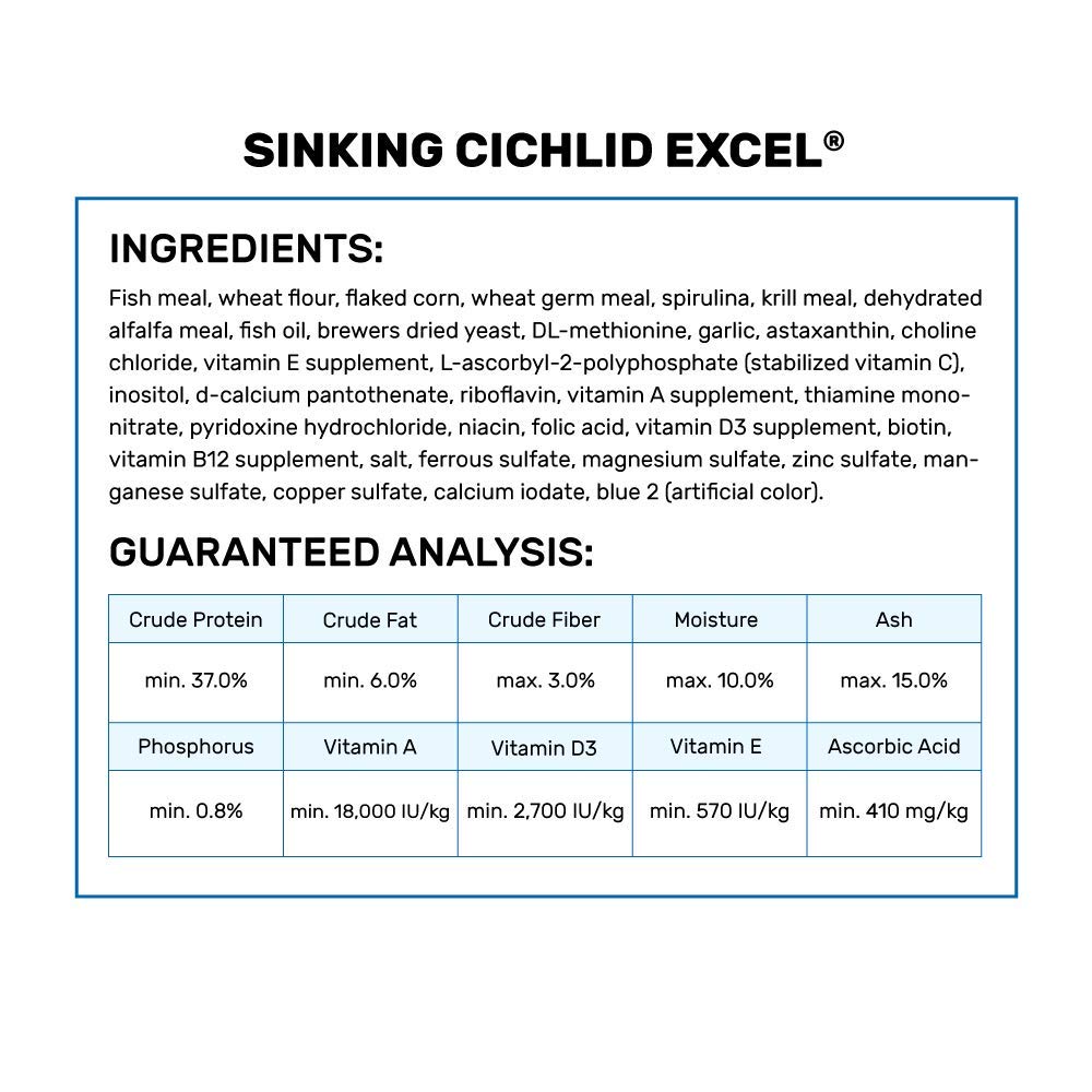 Hikari Excel para cíclidos, gránulos hundiéndose en el agua.