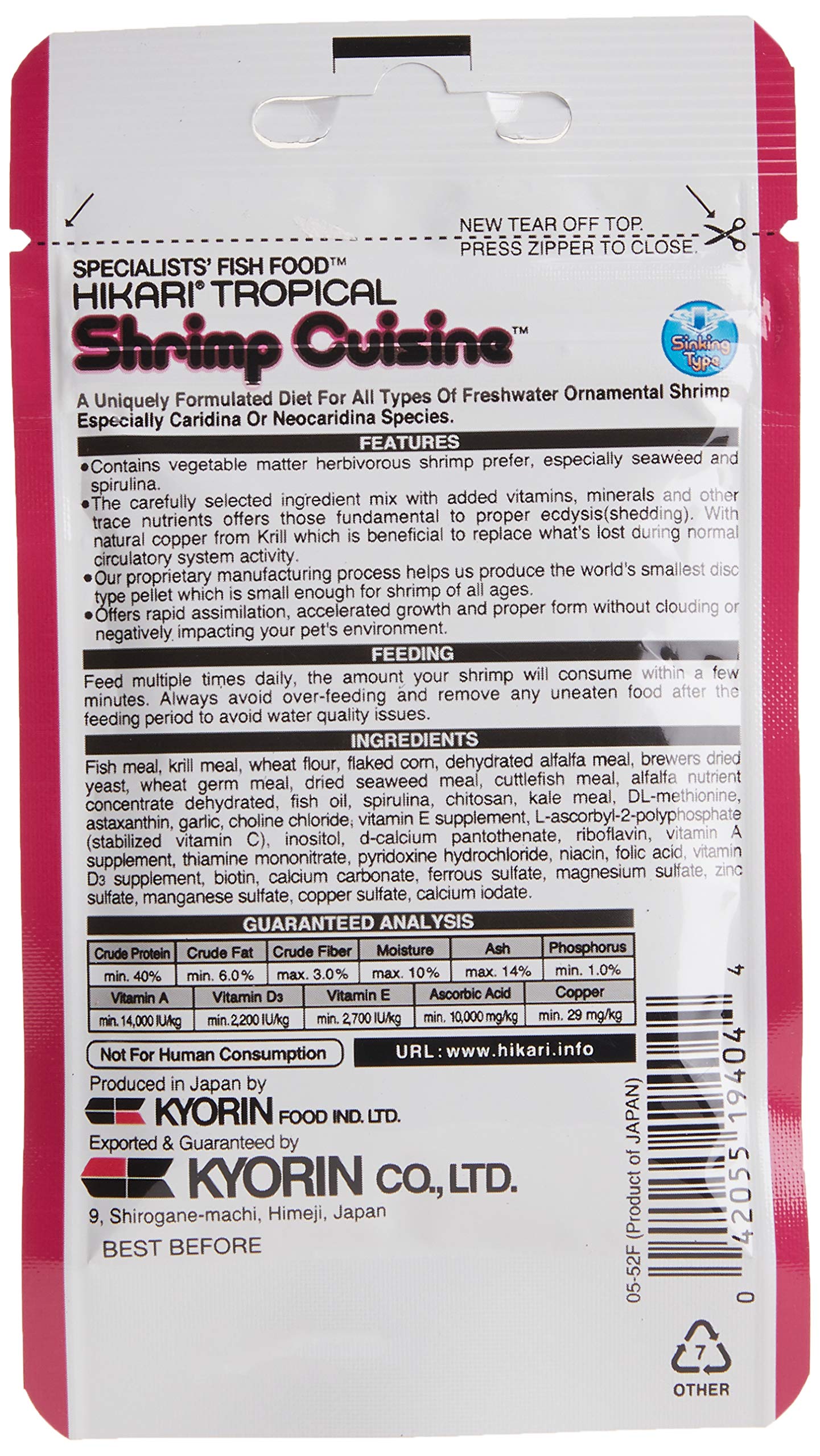 Hikari color natural realzado por spirulina y alfalfa en el alimento para camarones.