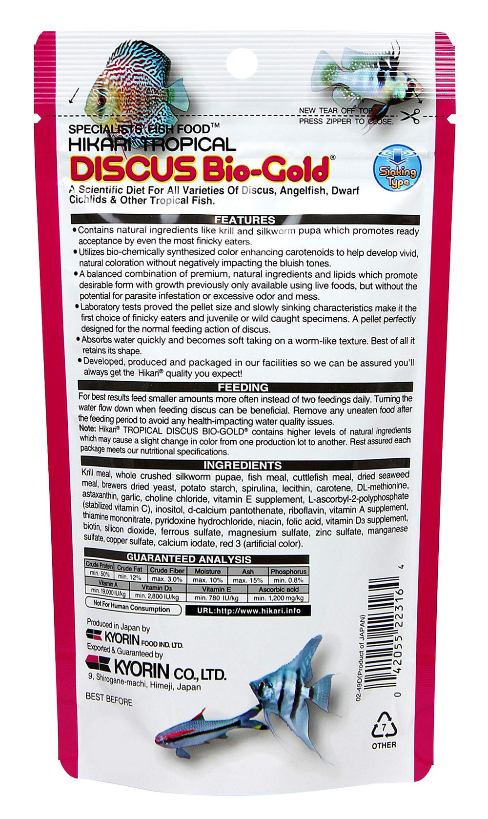 Envase de Hikari Discus Bio-Gold, granulos listos para alimentar