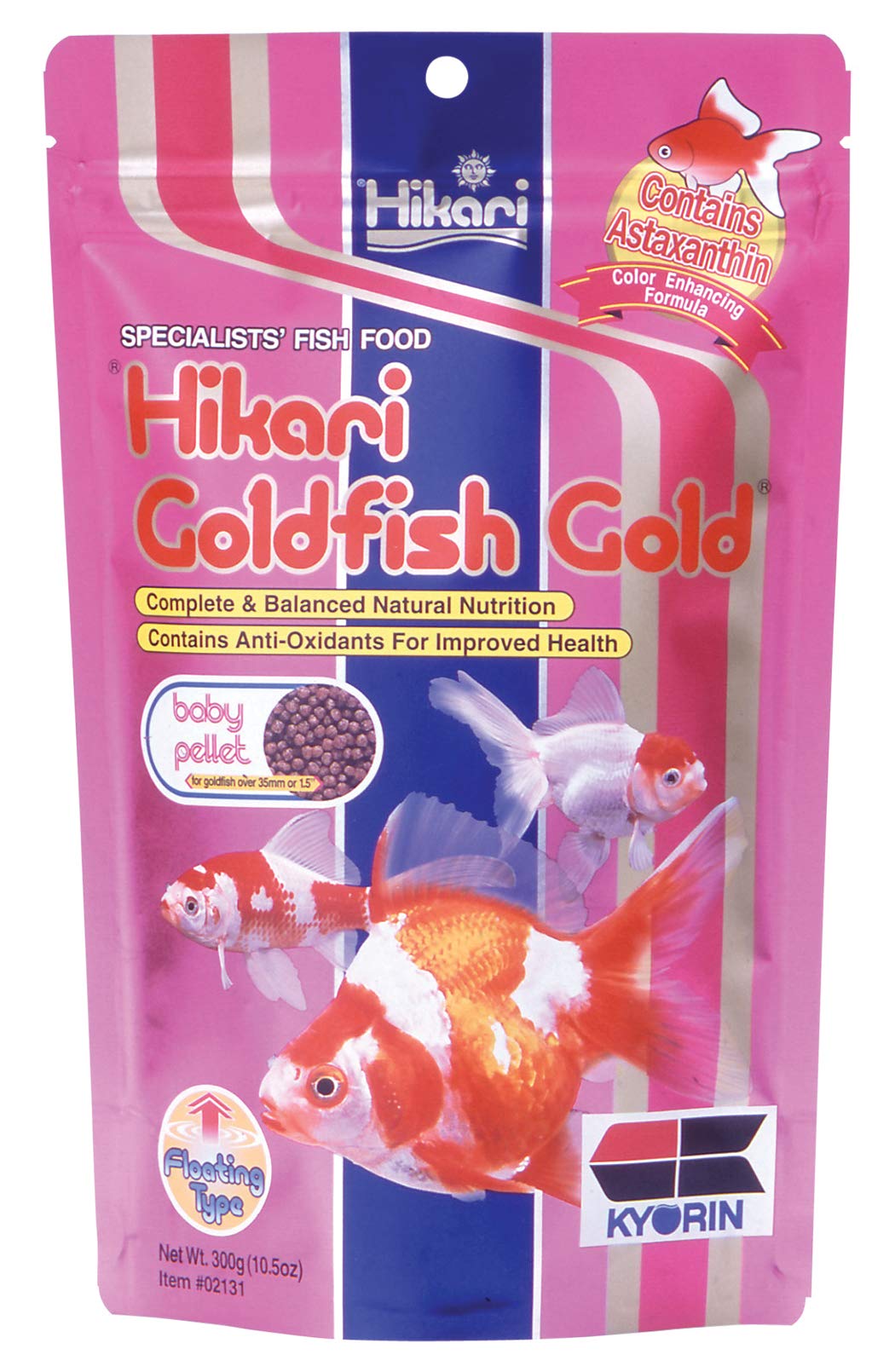 Alimento Hikari Gold en frasco con pellets bebé para pez dorado, apto para dieta juvenil.