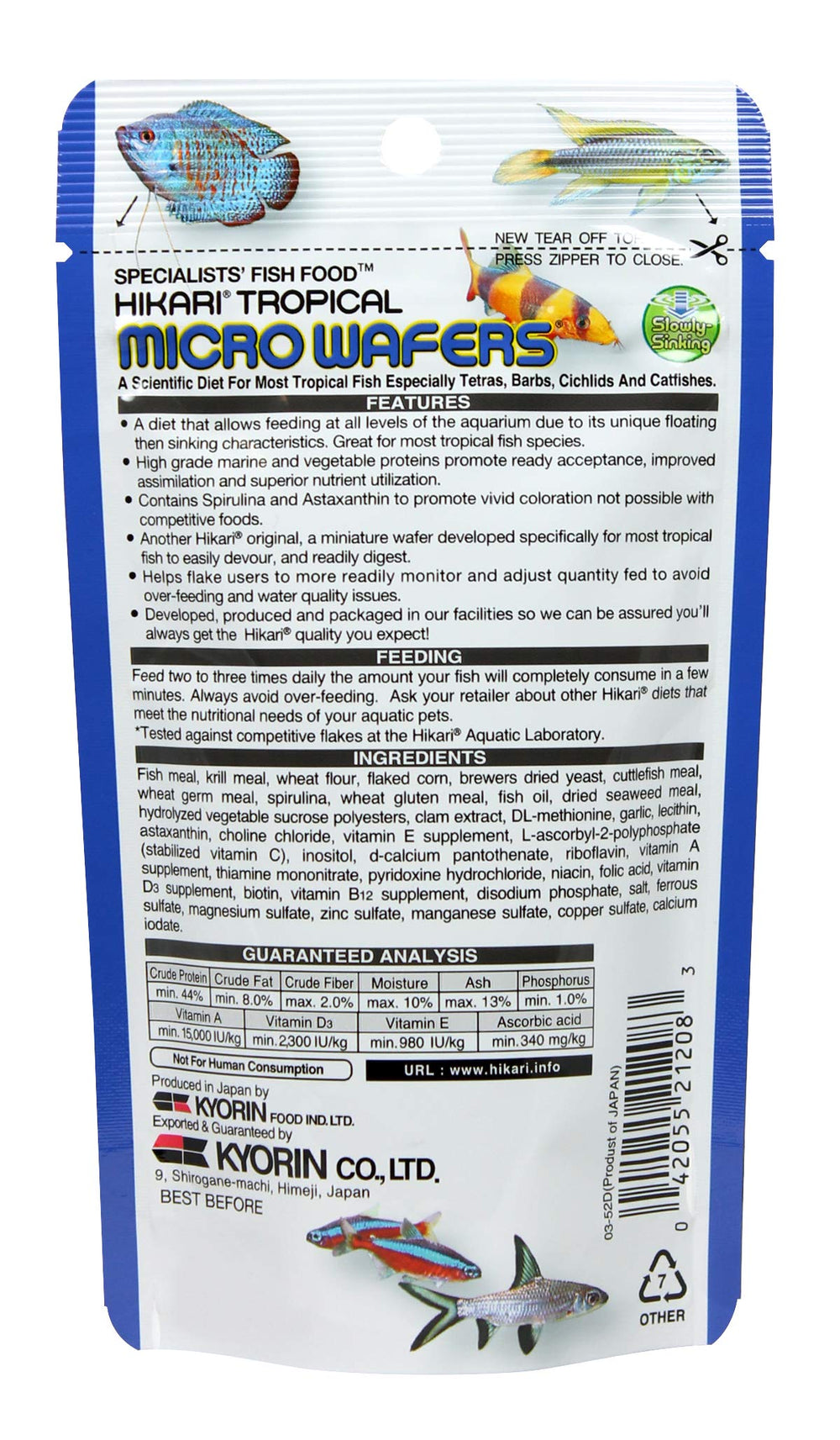 Hikari Micro Wafers: ingredientes con spirulina y astaxantina para colores vivos.