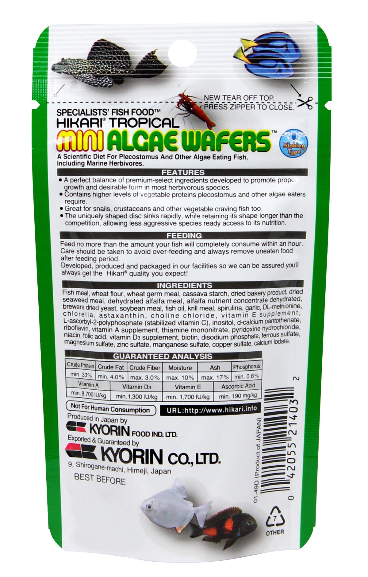 Hikari Mini Algae Wafers primer plano de obleas, alimento diario para acuarios.