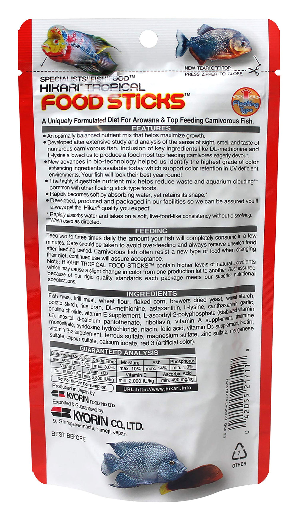 Hikari Palitos Tropicales 250 g, textura dura que facilita la ingesta diaria.