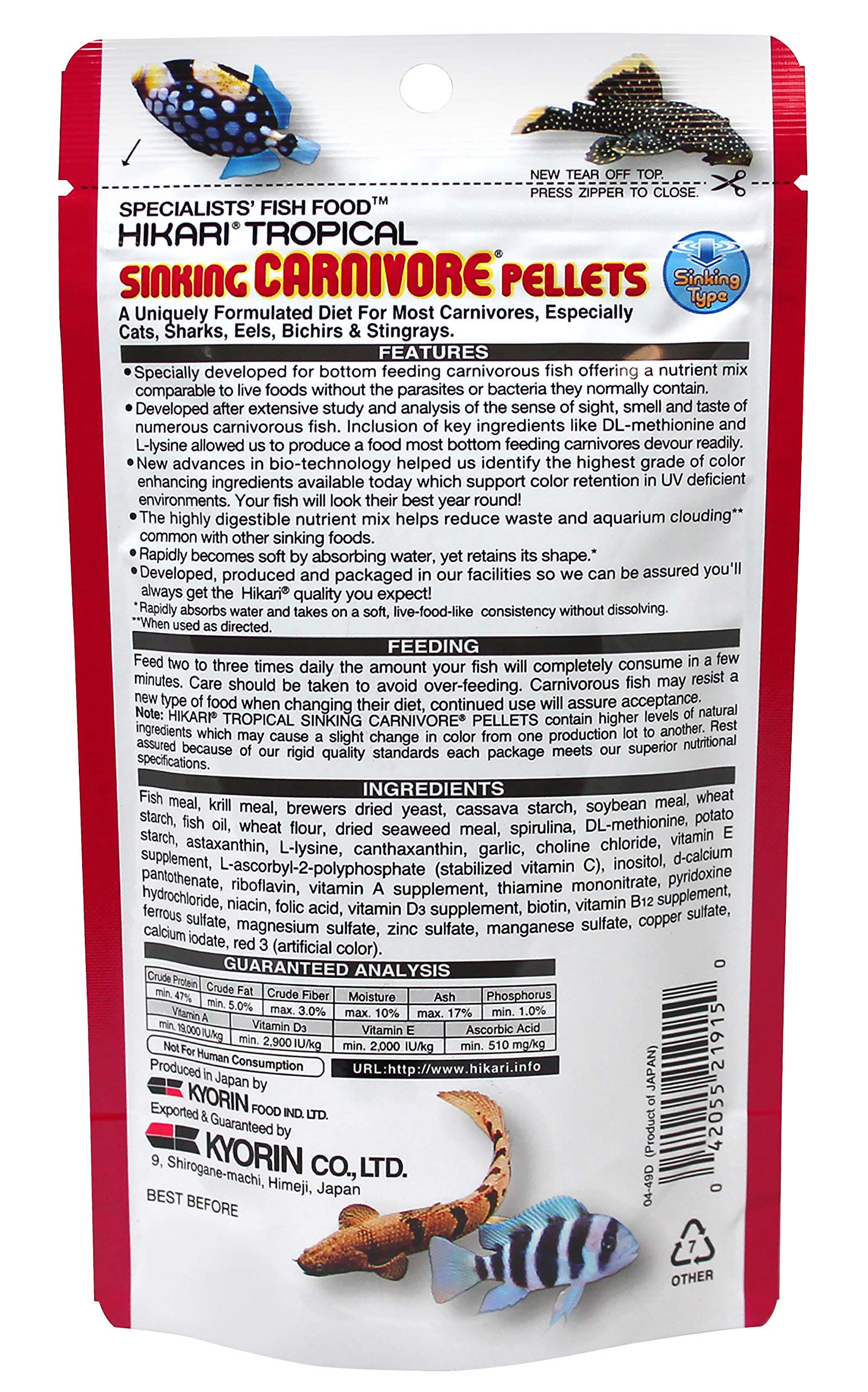 Pellets Hikari carnívoros hundidos listos para servir a peces grandes