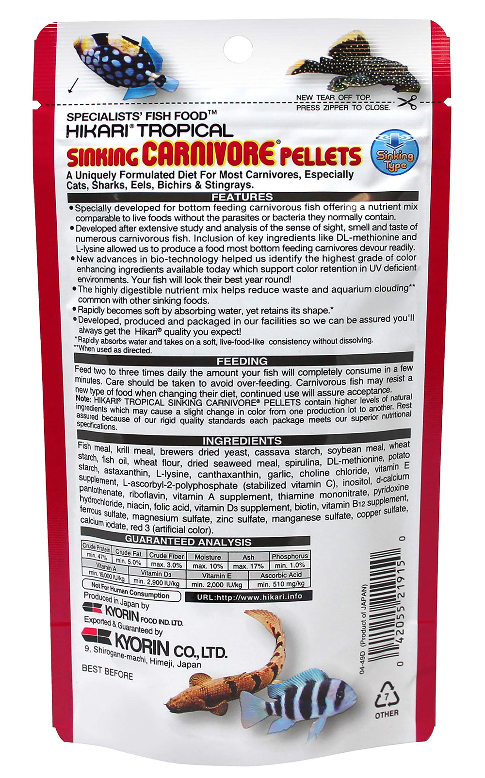 Pellets Hikari carnívoros hundidos listos para servir a peces grandes