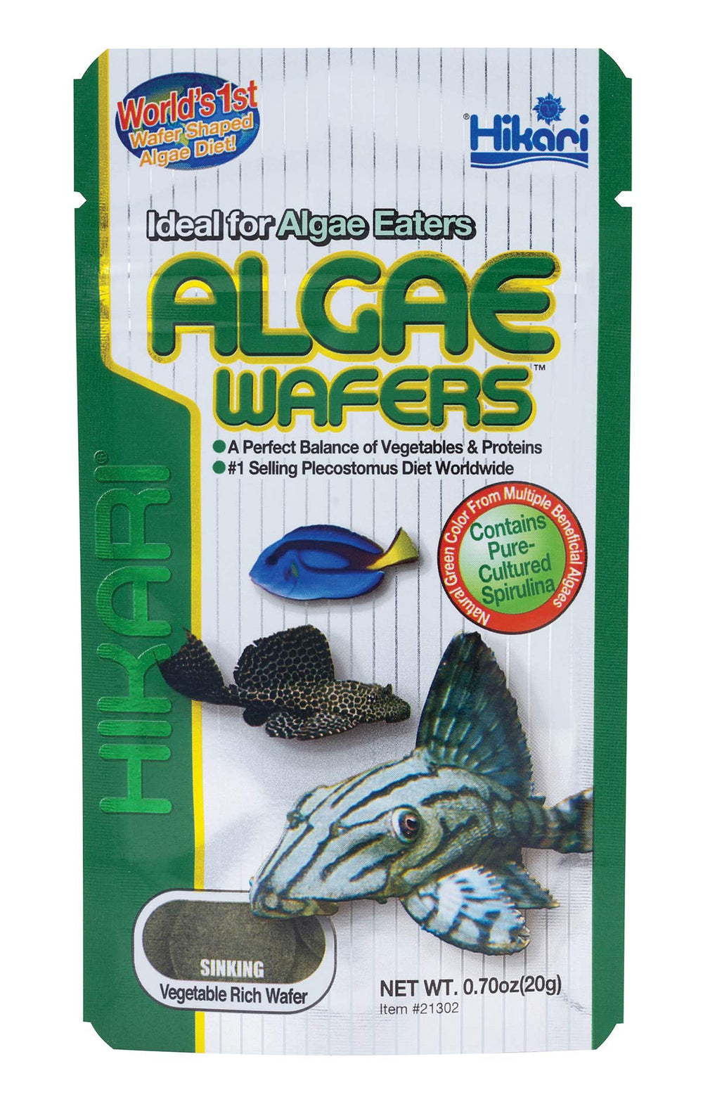 Hikari tabletas de algas para peces, primer plano de wafers alimentando una dieta vegetal equilibrada