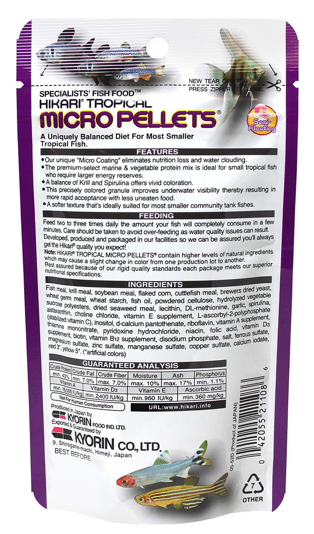 Pellets de Hikari para peces tropicales en acuario pequeño