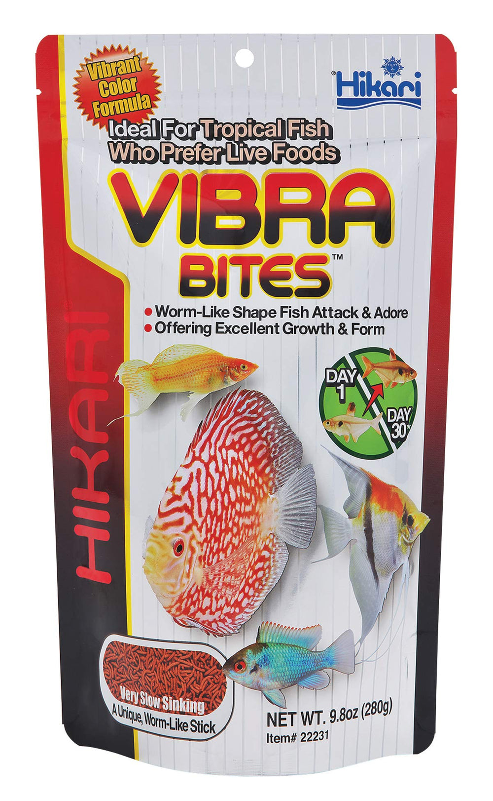 Hikari Vibra Bites: envase frontal listos para alimentar peces tropicales y realzar colores.