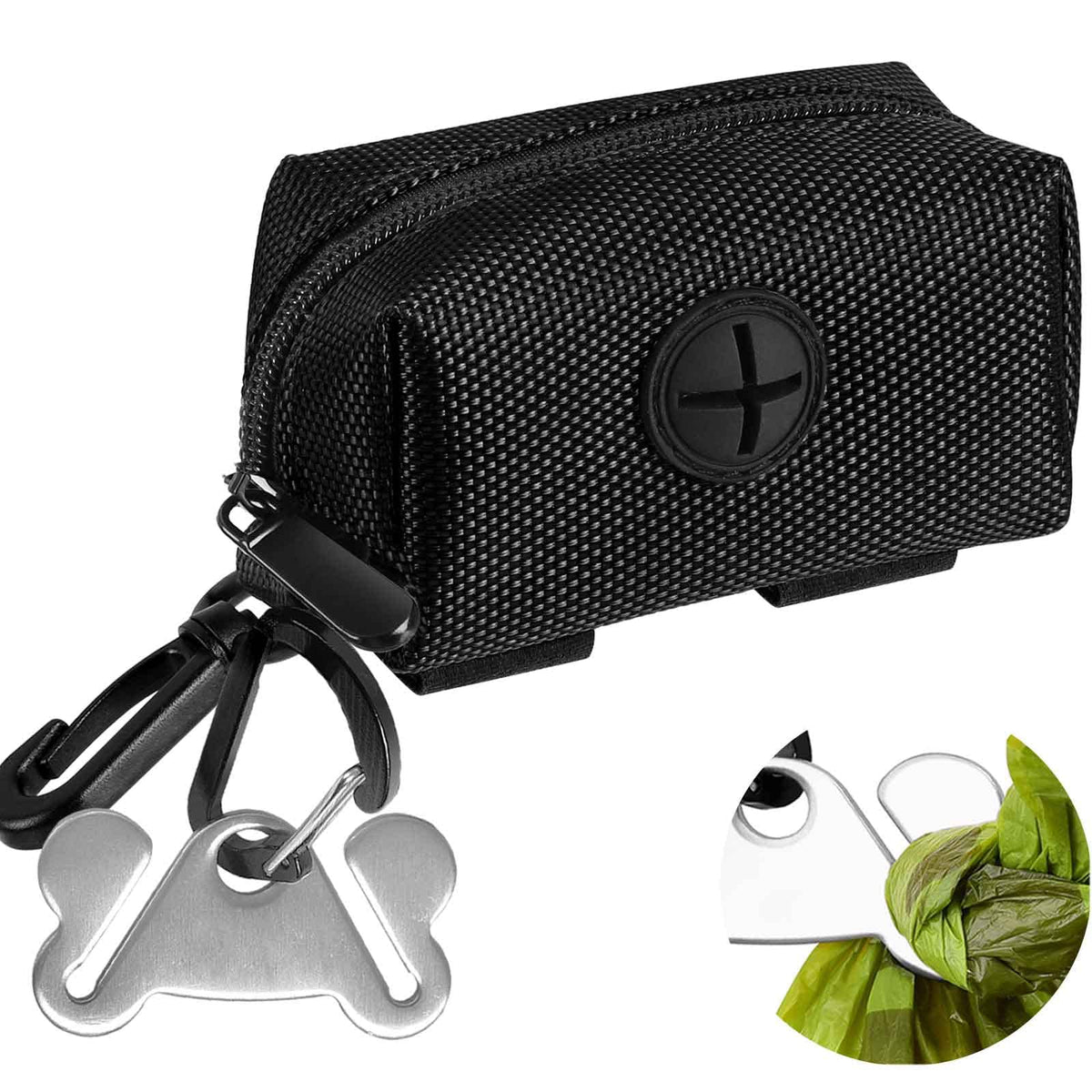 Dispensador Hilihali de bolsas para perro negro con cierre para acceso fácil.