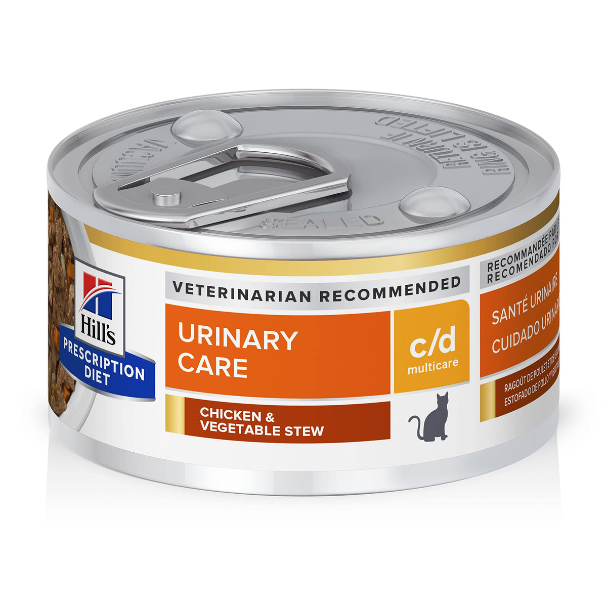 Hill's c/d Multicare: lata estofado de pollo y verduras para salud urinaria felina.