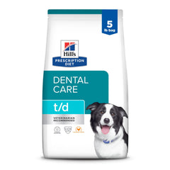 Hill's Prescription Diet t/d, croquetas para perro con pollo, ayudan a la limpieza dental diaria.