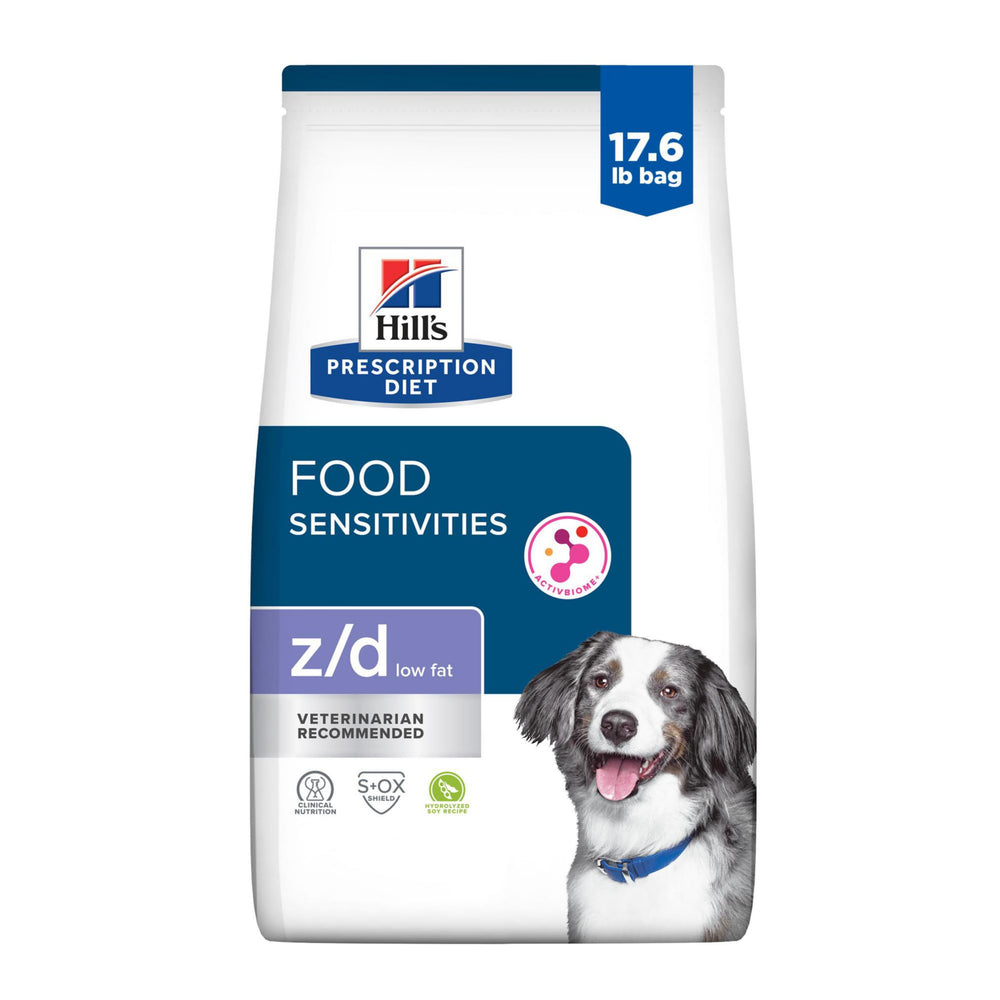 Hill's z/d Baja en Grasas, bolsa de 17.6 lb, ideal para sensibilidades alimentarias caninas.