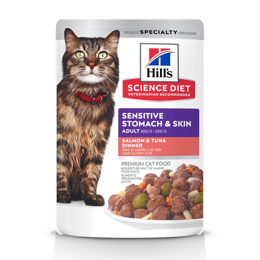Hill's Science Diet, comida húmeda para gatos adultos, salmón y atún, favorece digestión suave y piel sana.