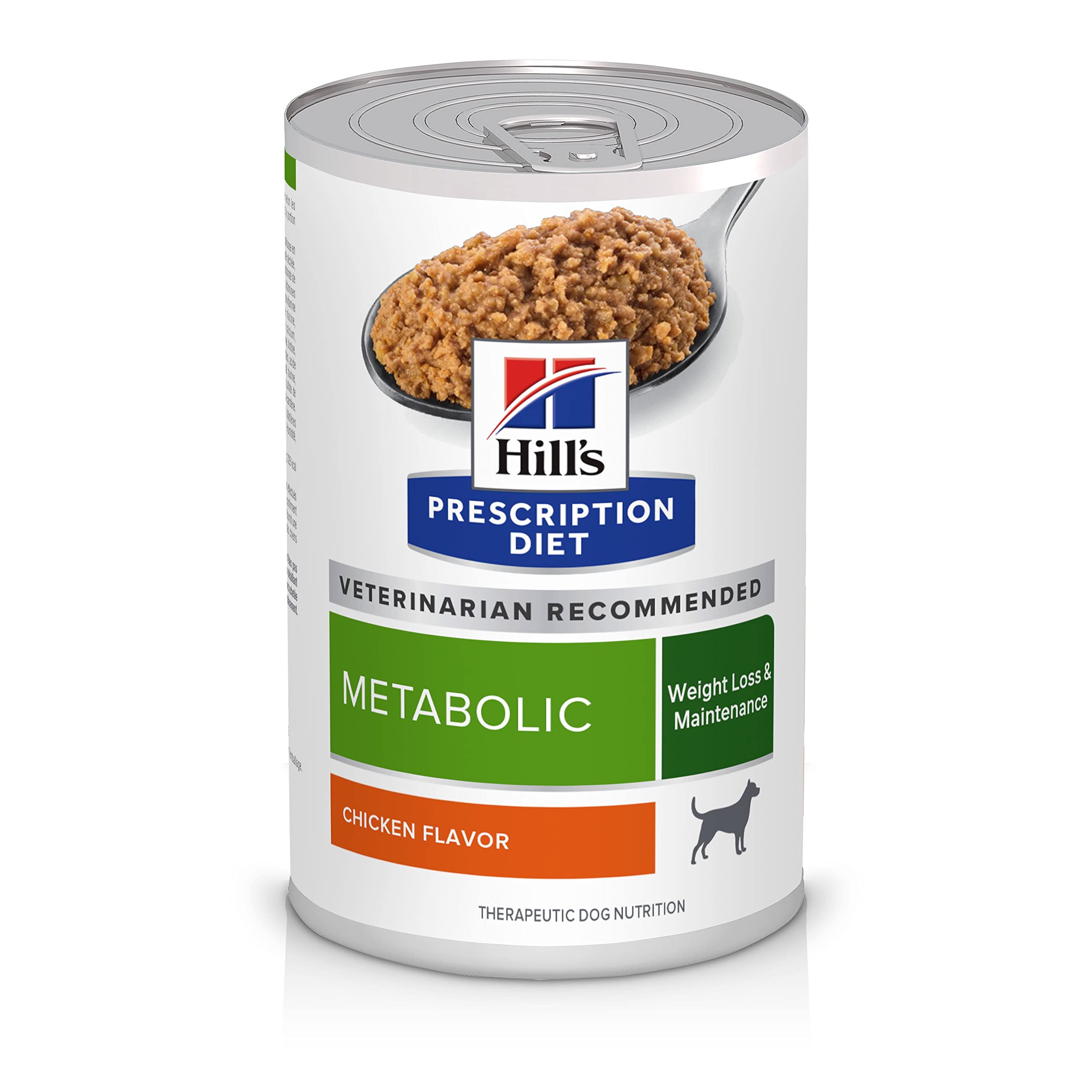 Hill's Prescription Diet Metabolic, lata de pollo 13 oz, formato 12-pack para control de peso.