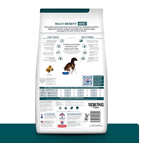 Hill's Prescription Diet w/d en plato, alimento seco para gatos, apoyo digestivo y control de peso.