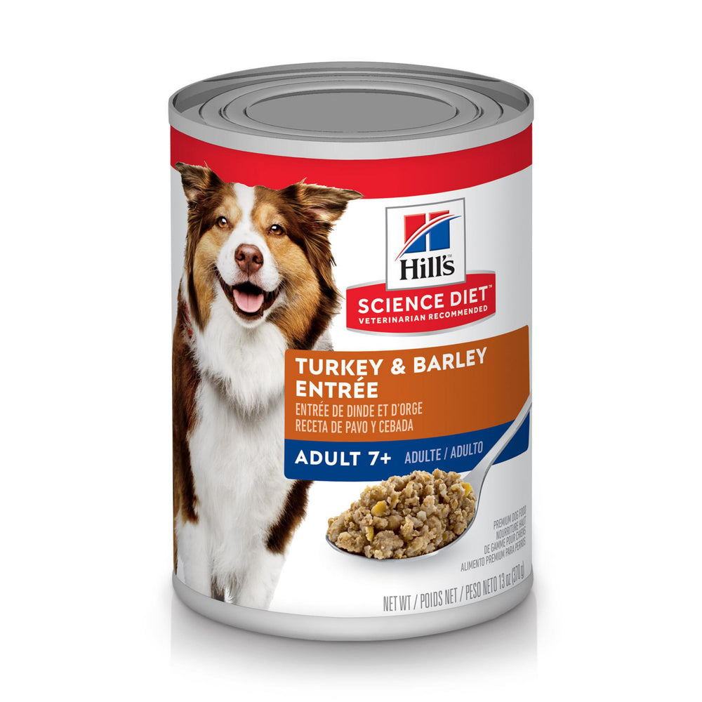 Hill's Science Diet Adult 7+ en lata pavo-cebada 13 oz para perros mayores, ayuda a mantener músculo
