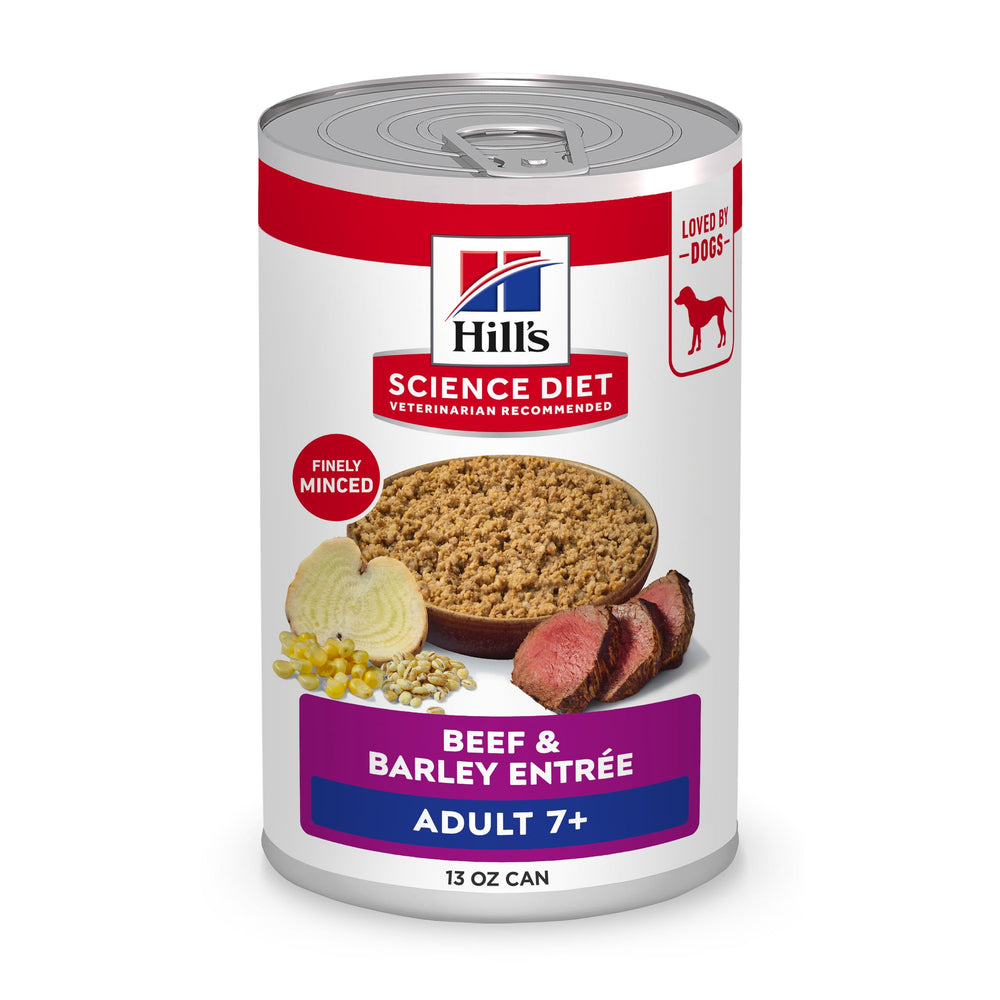 Hill's Science Diet Adult 7+ con lata de ternera y cebada; enfoque en sabor y nutrición para perros mayores.