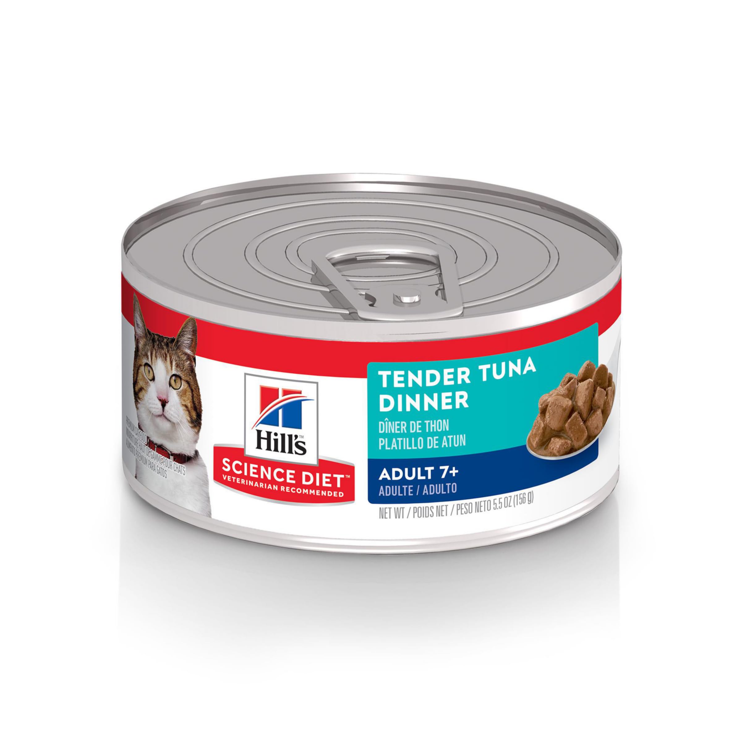 Hill's Science Diet Adult 7+ estofado de atún, lata de 5.5 oz, ideal para gatos mayores.