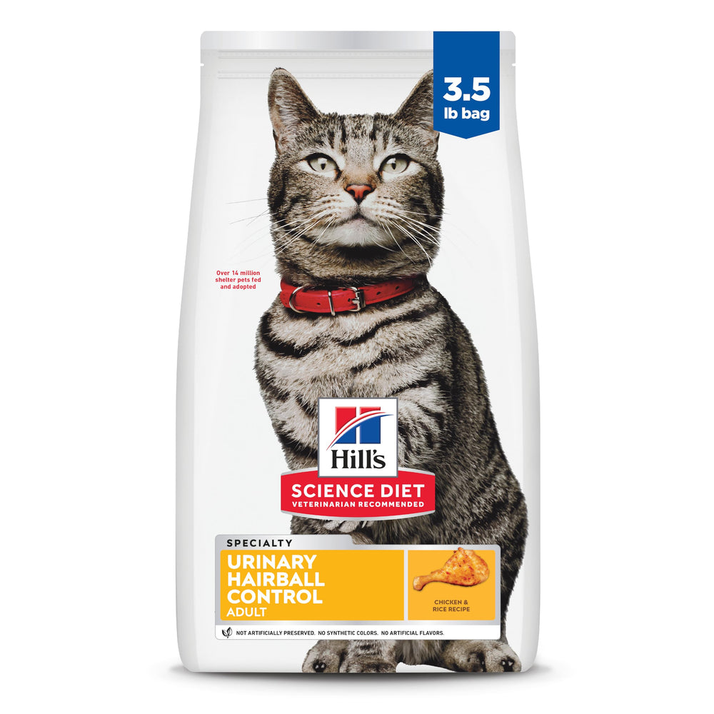 Hill's Science Diet para gatos adultos mostrando croquetas para control urinario y bolas de pelo
