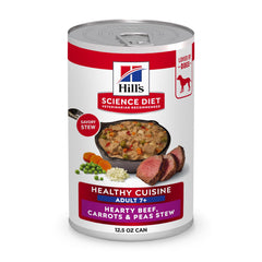 Hill's Science Diet Adult 7+ lata ternera con zanahorias ofrece sabor y textura para perros mayores.