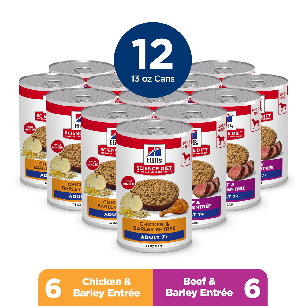 Hill's Science Diet Adulto 7+ variedad 12 latas con dos sabores.
