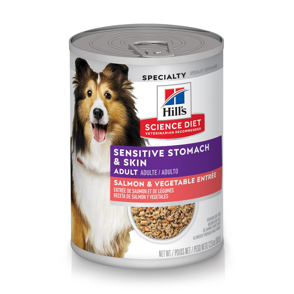 Hill's Science Diet en lata abierta con salmón y verduras para estómago sensible.