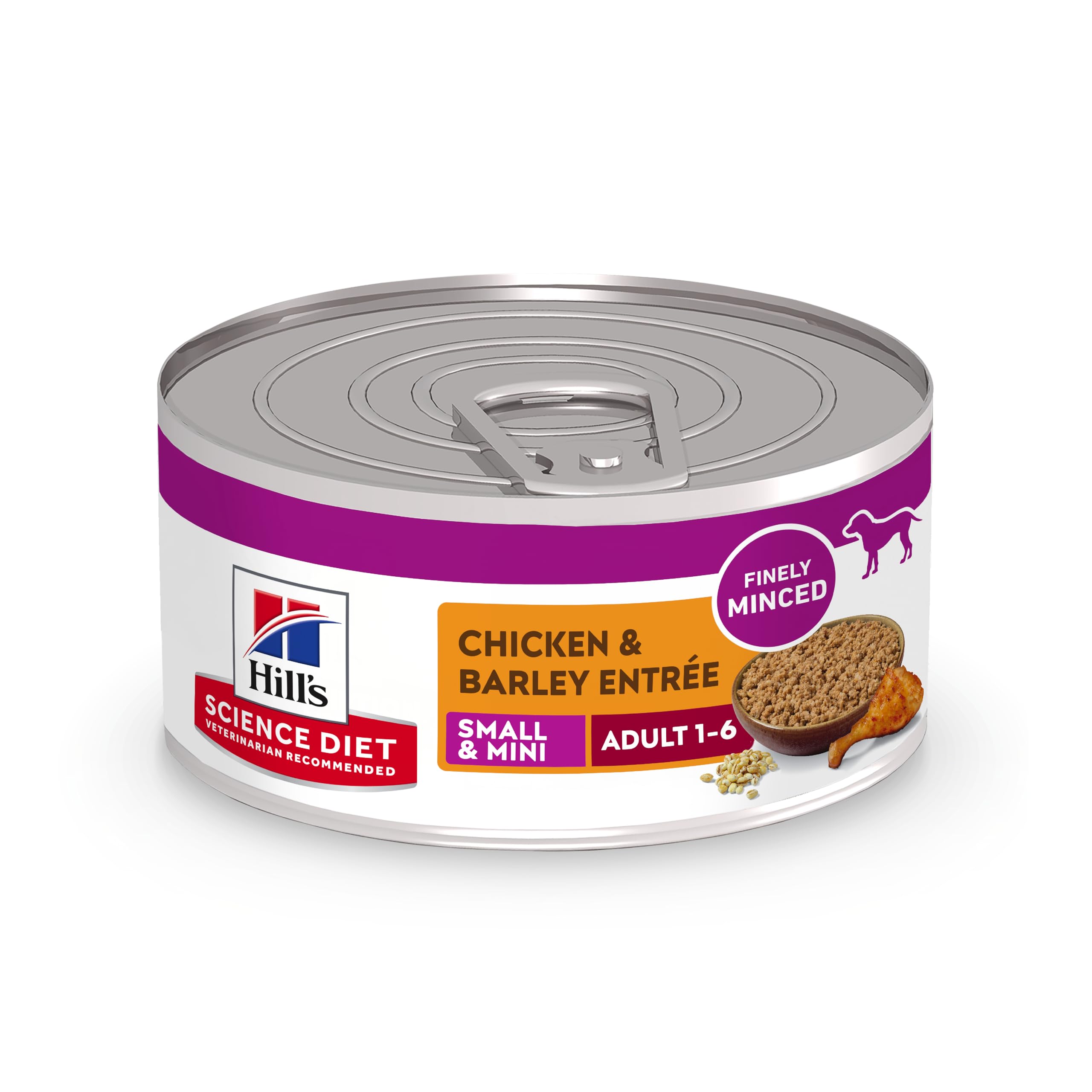 Hill's Science Diet Adulto Pequeño en lata de pollo con cebada, opción sabrosa para perros pequeños.