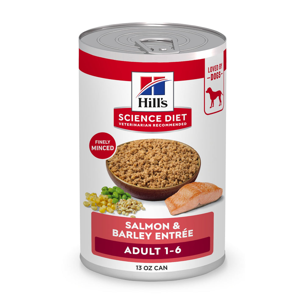 Hill's Science Diet para adultos, lata de salmón y cebada, 369 g, 12 latas.