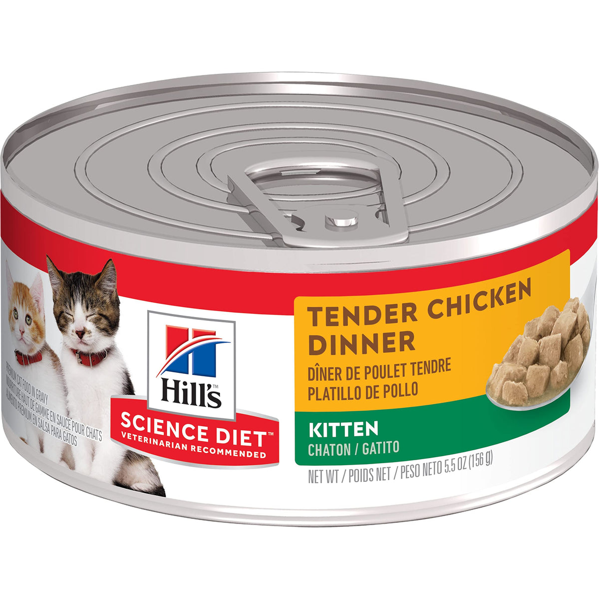 Hill's Science Diet Gatito: lata de pollo, trozos jugosos para desarrollo muscular.