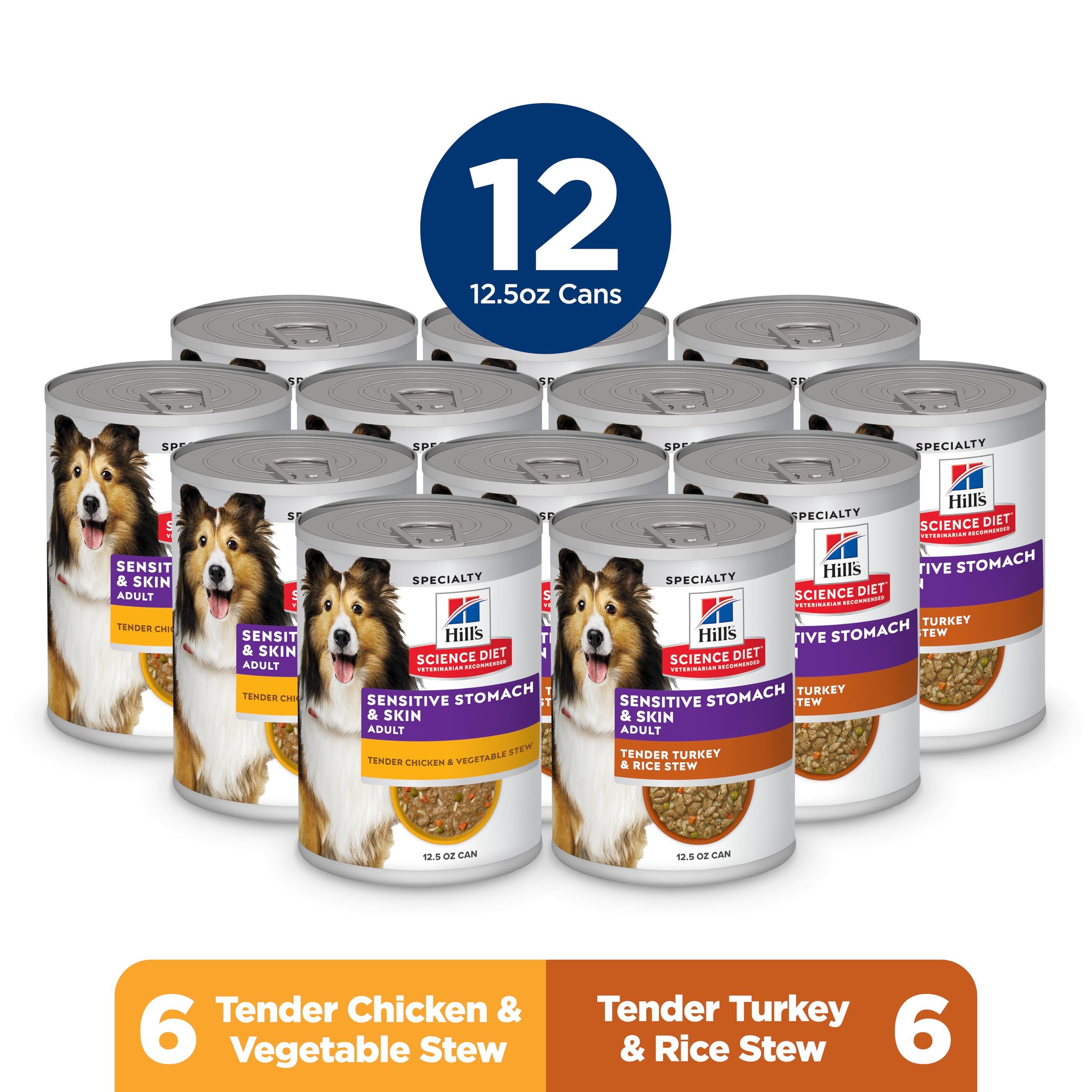 Paquete variedad Hill's Science Diet 12-5oz, apoyo digestivo y piel sensible.
