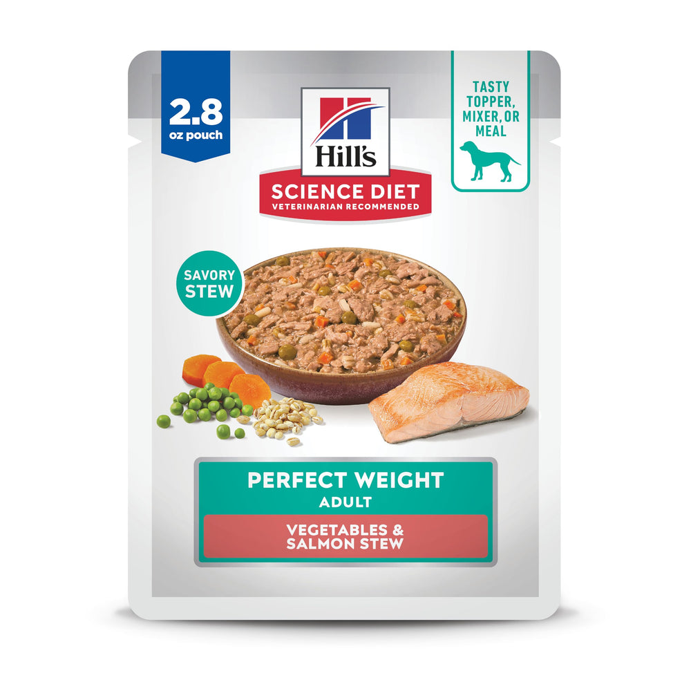 Hill's Science Diet Peso Perfecto estofado de salmón y verduras en tazón para perros.