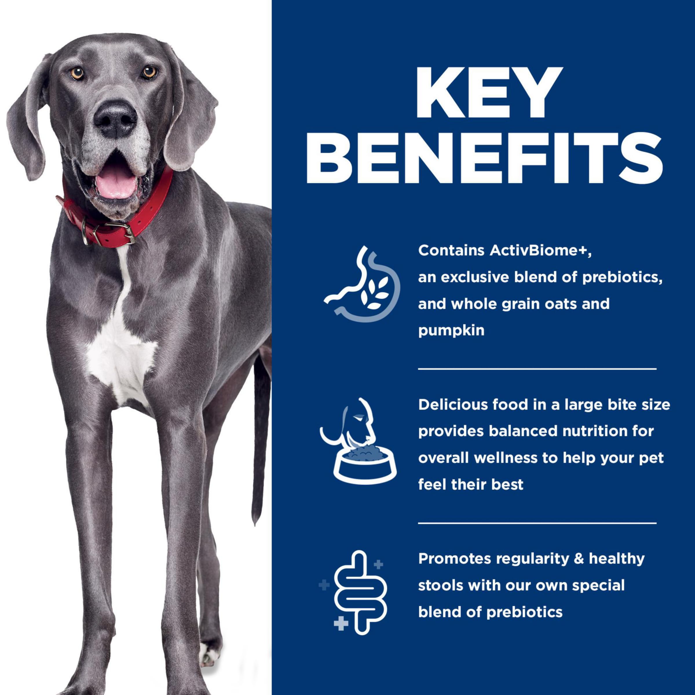 Hill's Science Diet promueve regularidad y heces sanas en perros grandes.