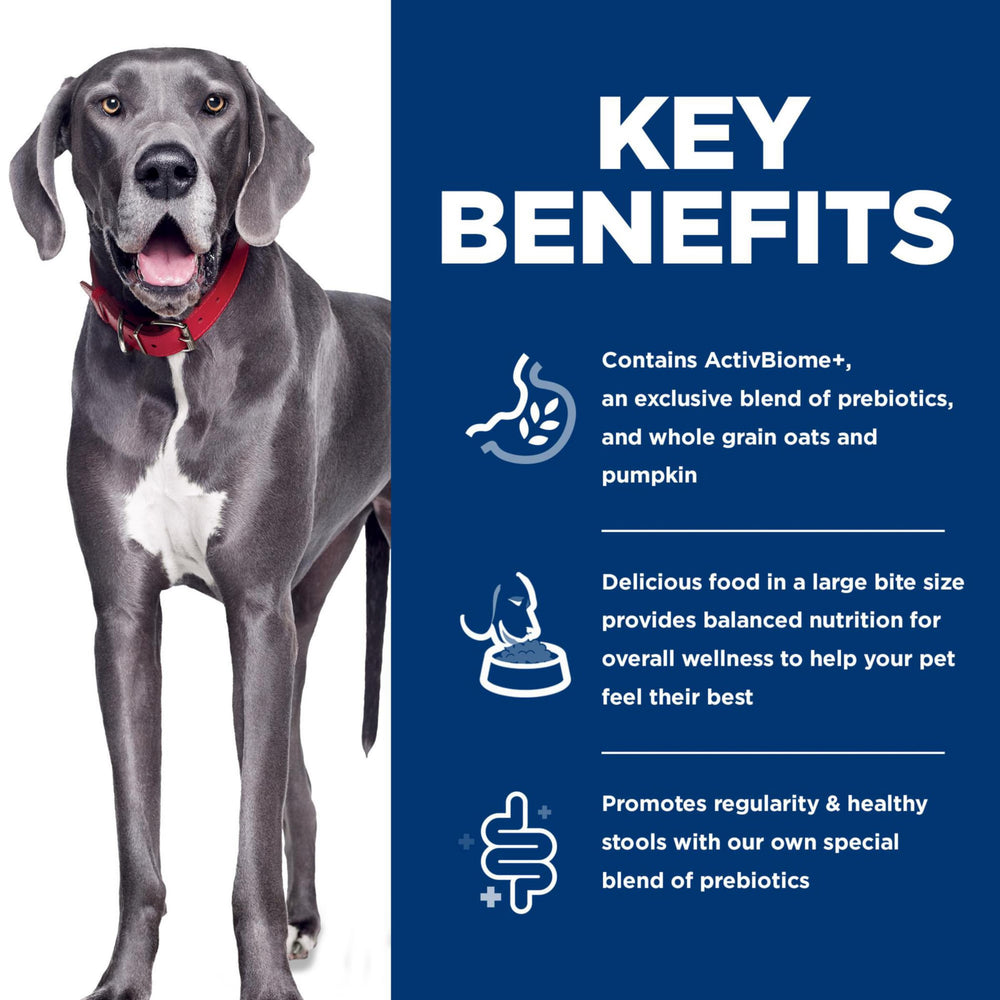 Hill's Science Diet promueve regularidad y heces sanas en perros grandes.