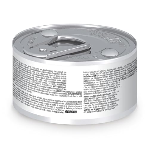 Hill's Science Diet Sensitive Stomach & Skin, porción de 2.9 oz en lata, salmón con vegetales, piel saludable.