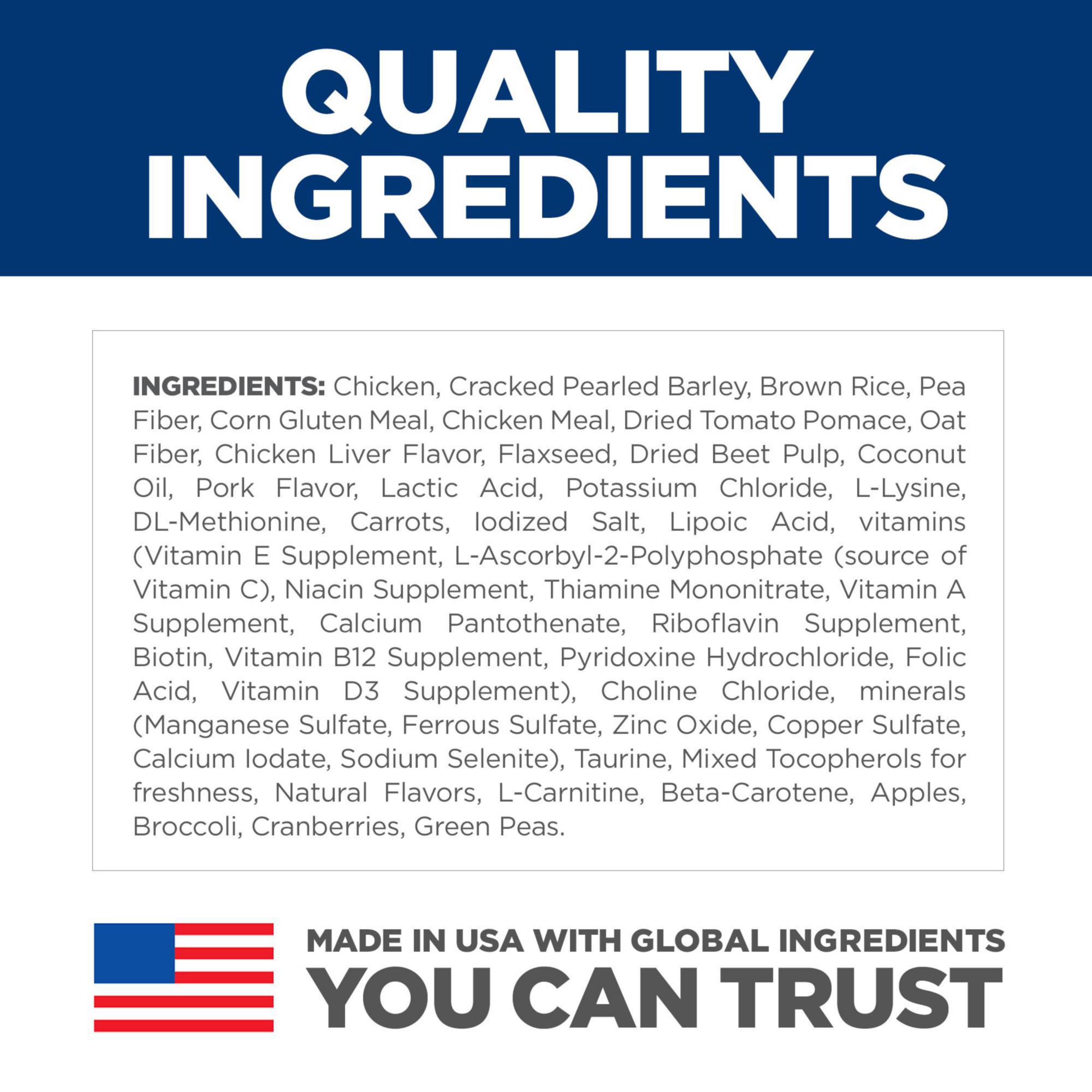 Hill's Science Diet hecho en usa con ingredientes globales confiables, embalaje informativo
