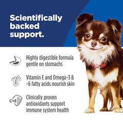 Hill's Science Diet vitamina E y omega para piel sana y pelaje brillante.